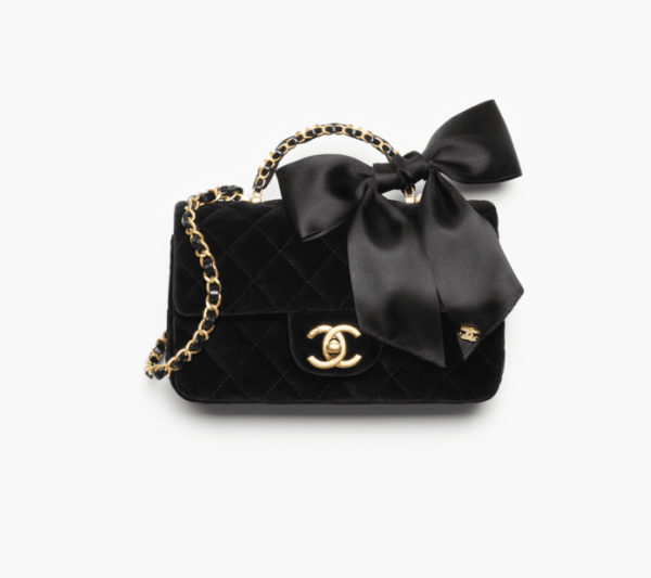 CHANEL Mini hood bag with handle   Velvet, silk, and gold metal black