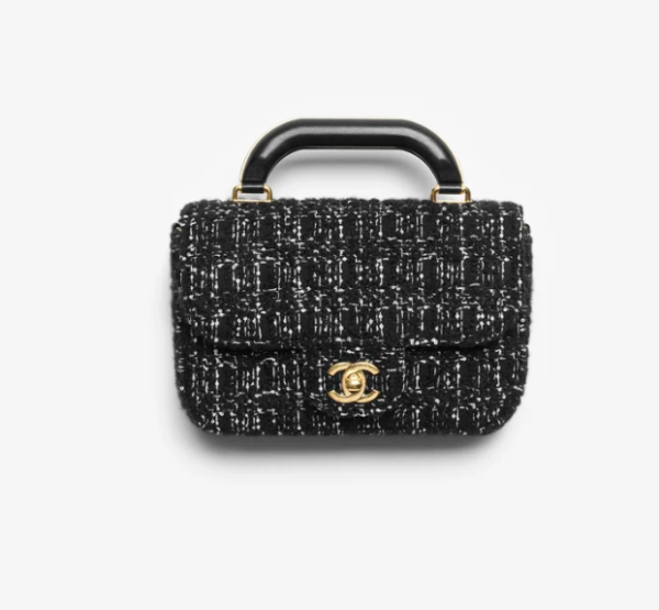 CHANEL Mini hood bag with handle   Kashmir twill tweed and gold metal Black and White