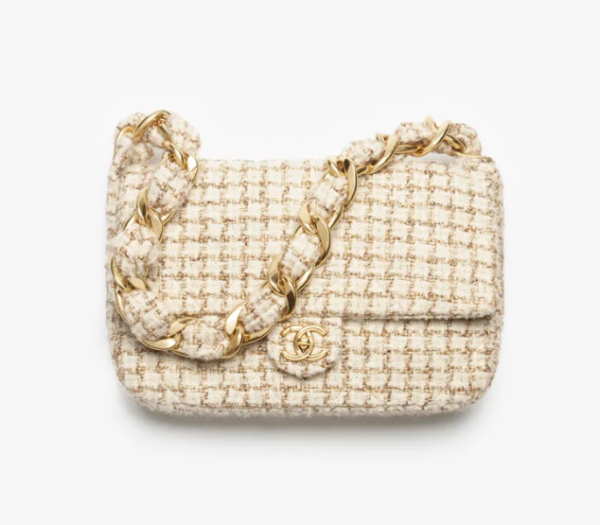 CHANEL Large cap bag   Twill soft fabric and golden metal Milk white, beige, and gold