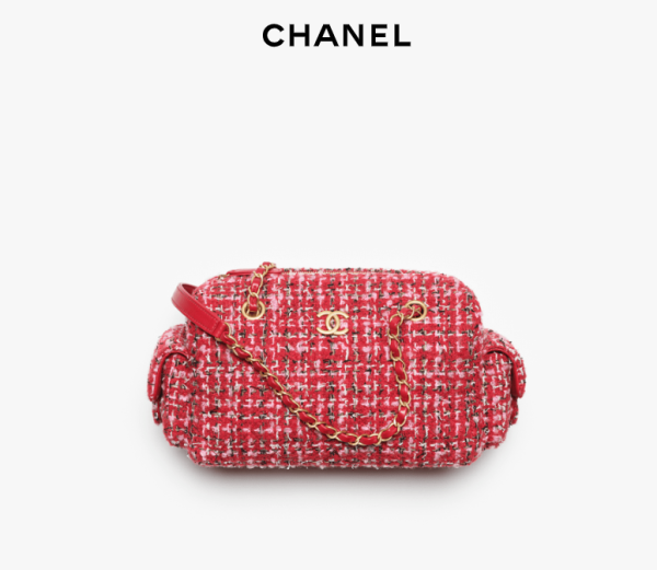 CHANEL Small bowling bag   Twill soft fabric and golden metal Red, Pink, and Black