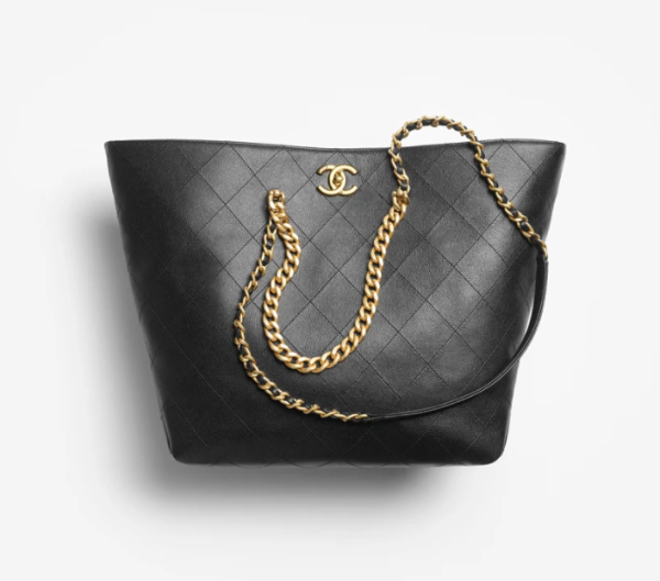 CHANEL shopping bag   Particle embossed shiny calf leather with golden metal black