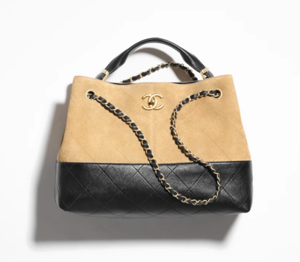 CHANEL Small shopping bag  Suede effect calf leather, glossy lamb leather, and golden metal Beige and black