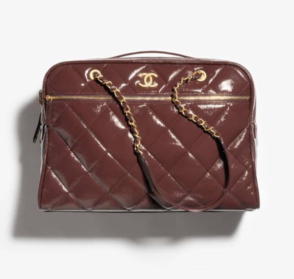 CHANEL travel bag   Painted folded calf leather and golden metal dark brown