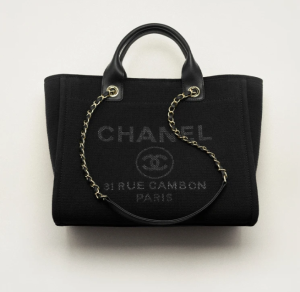 CHANEL shopping bag   Canvas and shiny gold metal black