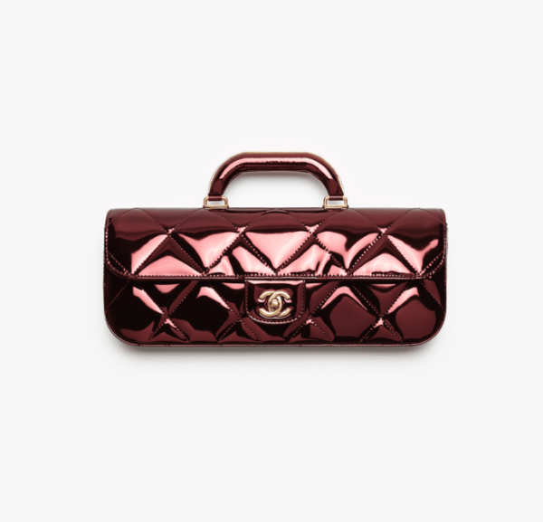 CHANEL Large cap bag with handle Metallic texture mirror effect calf leather wine red