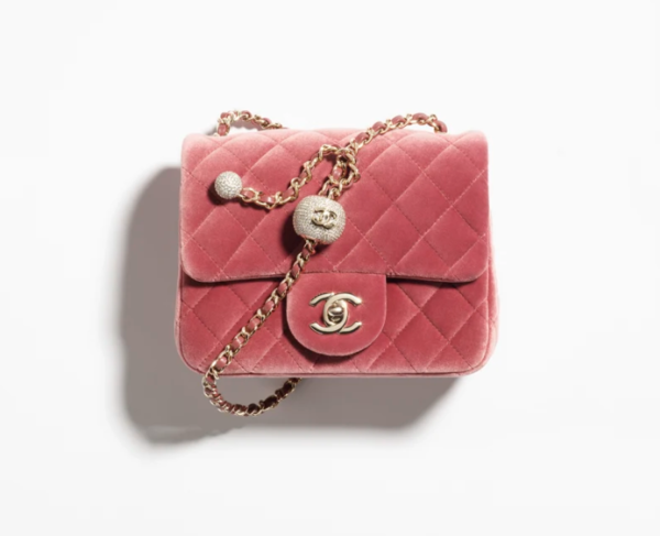 CHANEL Mini hood package with velvet, crystal, and gold metal, wine red